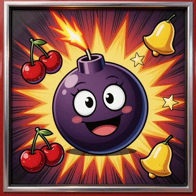 Explodiac Gamomat Slot Cover mit Cartoon-Bombe brennender Lunte und saftigen Fr&uuml;chten