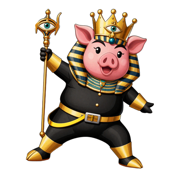 Buzzer-Sempai als &auml;gyptischer Pharao mit Eye of Horus Stab und goldener Krone in heroischer Pose