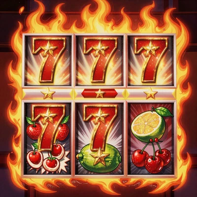 Blazing Star Merkur Slot Cover mit gl&uuml;hender roter Sieben goldenen Sternen und Fr&uuml;chten