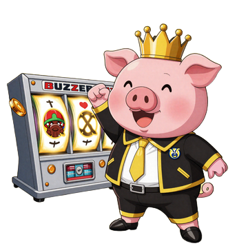 Buzzer-Sempai in Siegerpose vor explodierenden Slot-Walzen mit goldenen Jackpot-M&uuml;nzen